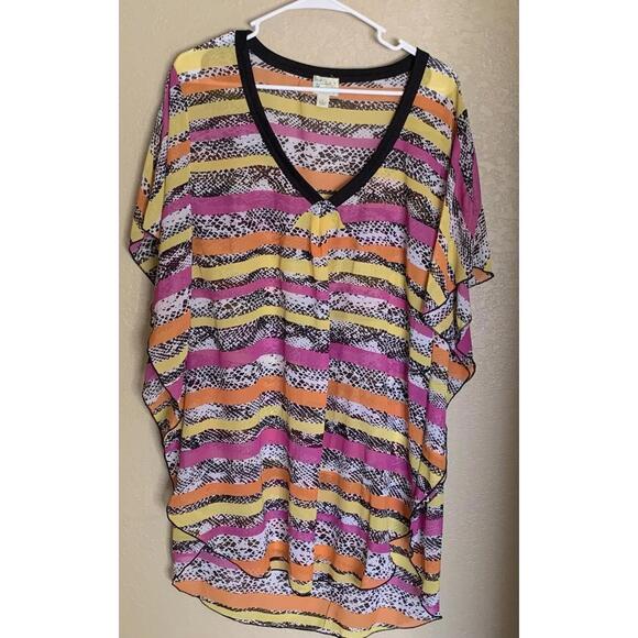 One World Beach Swimsuit Cover Up Sz L Flowy Pink Orange Yellow Black - Picture 1 of 4